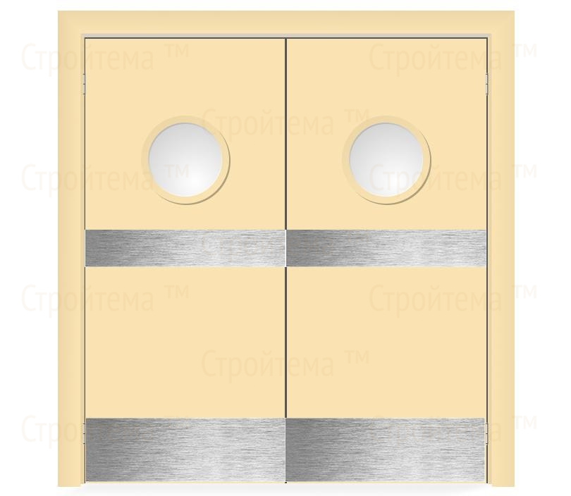 Влагостойкая дверь ПВХ EtaDoor с иллюминатором ванильная маятниковая двухстворчатая с отбойной пластиной