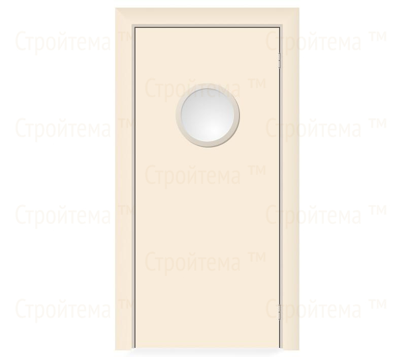 Влагостойкая дверь ПВХ EtaDoor с иллюминатором кремовая маятниковая одностворчатая с алюминиевой кромкой