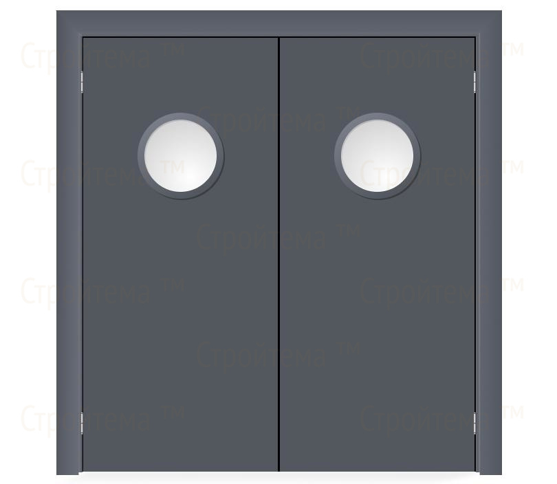 Влагостойкая дверь ПВХ EtaDoor с иллюминатором серая маятниковая двухстворчатая с ПВХ  кромкой