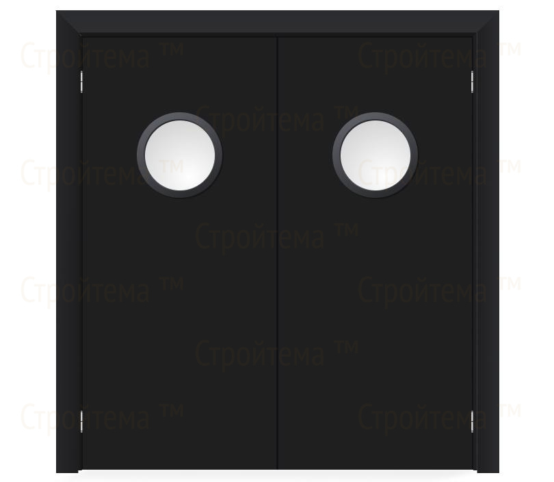Влагостойкая дверь ПВХ EtaDoor с иллюминатором черная маятниковая двухстворчатая с алюминиевой кромкой