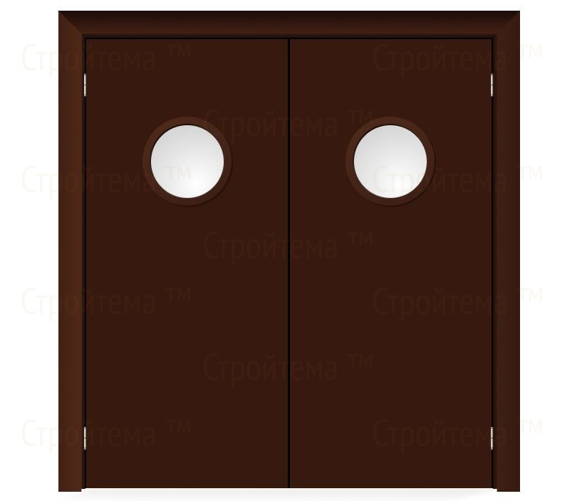 Влагостойкая дверь ПВХ EtaDoor с иллюминатором коричневая маятниковая двухстворчатая с ПВХ кромкой