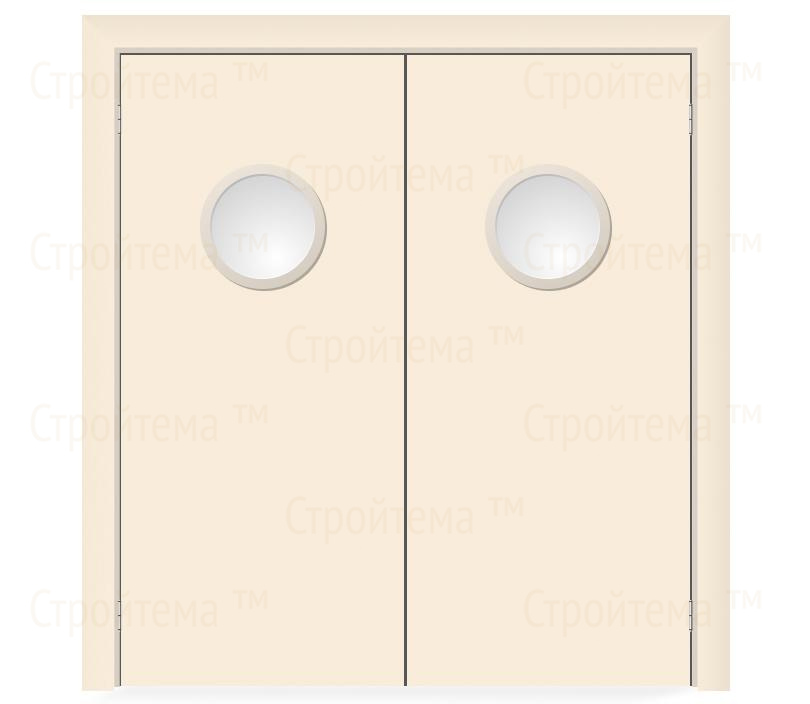 Влагостойкая дверь ПВХ EtaDoor с иллюминатором кремовая маятниковая двухстворчатая с алюминиевой кромкой