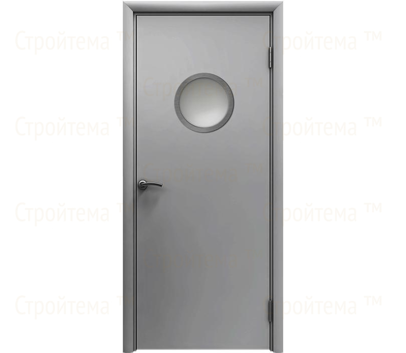 Влагостойкая дверь ПВХ EtaDoor с иллюминатором серая одностворчатая с ПВХ кромкой