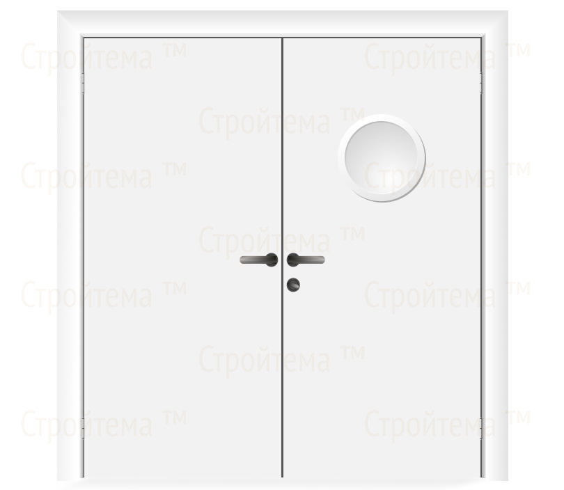 Влагостойкая дверь ПВХ EtaDoor с иллюминатором белая двухстворчатая с ПВХ кромкой