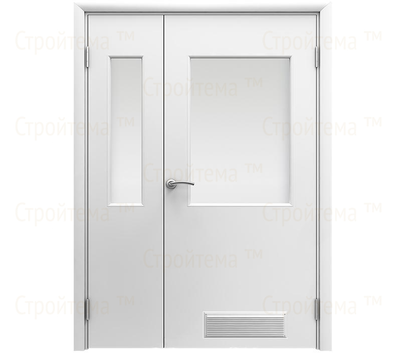Влагостойкая дверь ПВХ EtaDoor с окном белая полуторастворчатая с вентиляционной решеткой