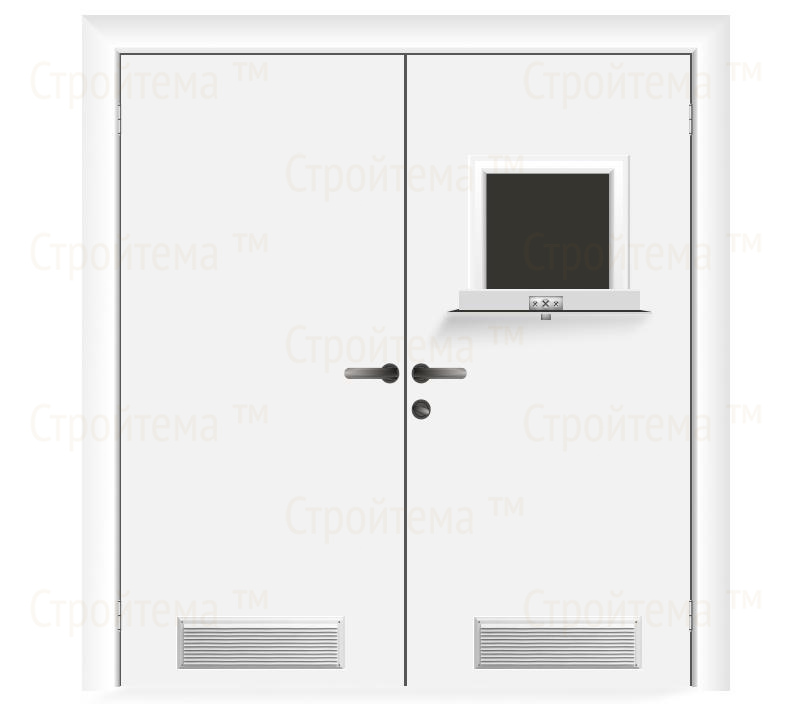 Влагостойкая дверь ПВХ EtaDoor с передаточным окном белая двухстворчатая с вентиляционной решеткой