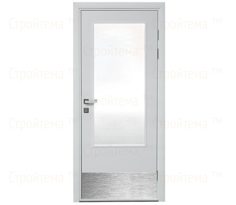 Влагостойкая дверь ПВХ EtaDoor с окном белая одностворчатая с отбойной пластиной