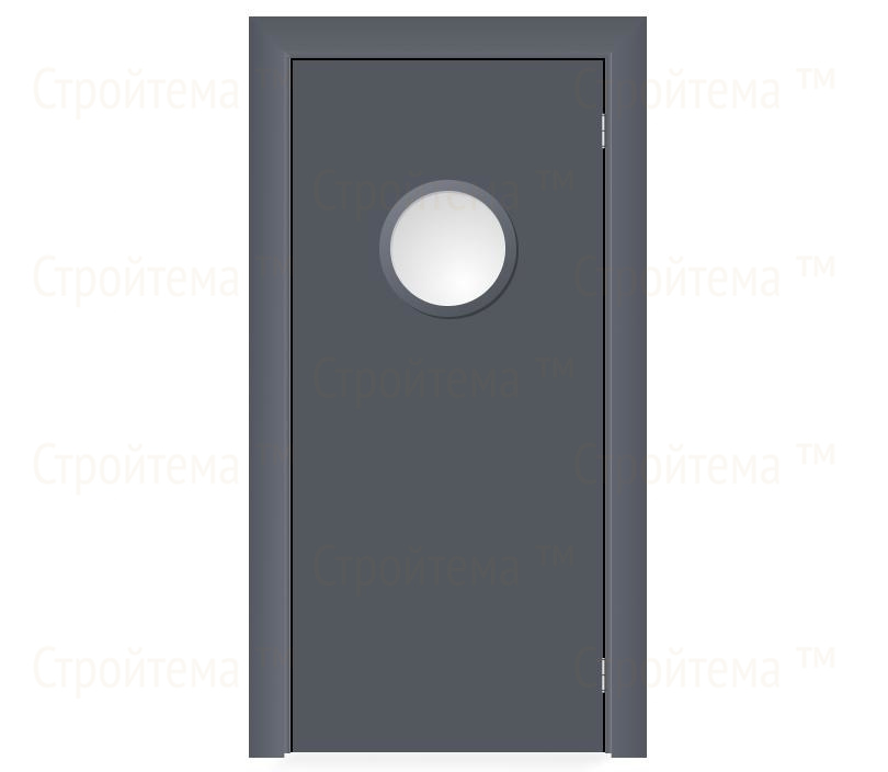 Влагостойкая дверь ПВХ EtaDoor с иллюминатором серая маятниковая одностворчатая с ПВХ кромкой