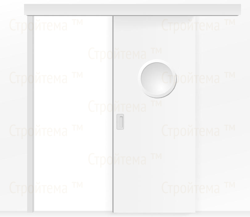 Влагостойкая раздвижная одностворчатая дверь ПВХ с иллюминатором белая