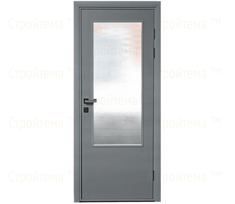 Влагостойкая дверь ПВХ EtaDoor с окном серая одностворчатая с алюминиевой кромкой