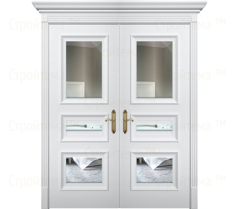 Двухстворчатая дверь Неаполь ДГ3 с зеркалом белая с патиной