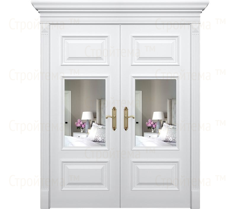 Двухстворчатая дверь Палермо ДО5 с зеркалом белая с патиной