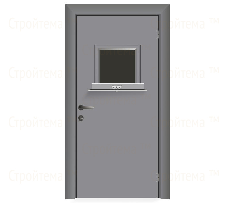 Влагостойкая дверь ПВХ EtaDoor с передаточным окном серая одностворчатая с алюминиевой кромкой
