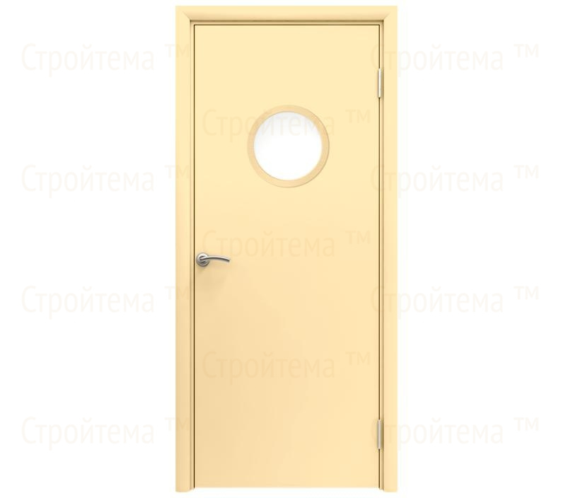 Влагостойкая дверь ПВХ EtaDoor с иллюминатором ванильная одностворчатая с ПВХ кромкой