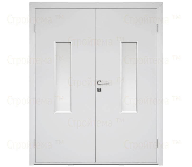 Влагостойкая дверь ПВХ EtaDoor с окном белая двухстворчатая с алюминиевой кромкой