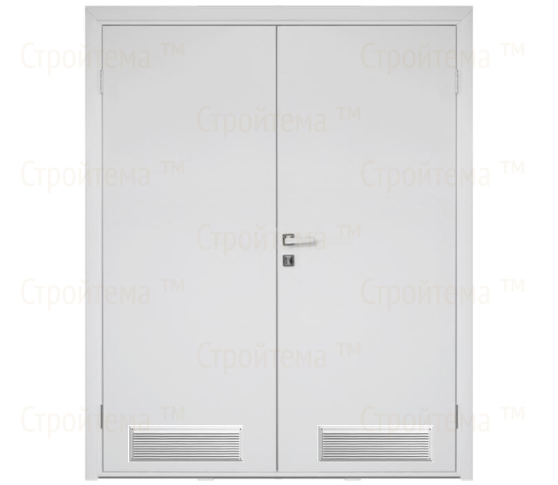 Влагостойкая дверь ПВХ EtaDoor глухая белая двухстворчатая с вентиляционной решеткой
