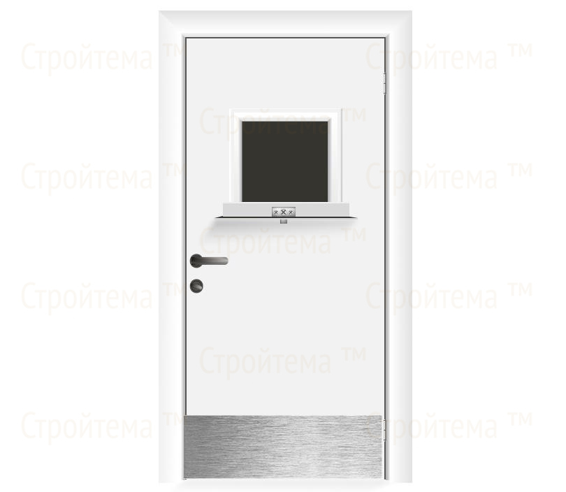 Влагостойкая дверь ПВХ EtaDoor с передаточным окном белая одностворчатая с отбойной пластиной