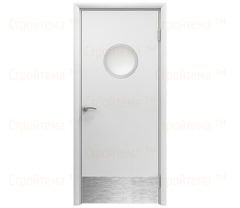 Влагостойкая дверь ПВХ EtaDoor с иллюминатором белая одностворчатая с отбойной пластиной
