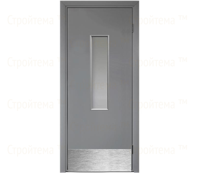 Влагостойкая дверь ПВХ EtaDoor с окном серая маятниковая одностворчатая с алюминиевой кромкой
