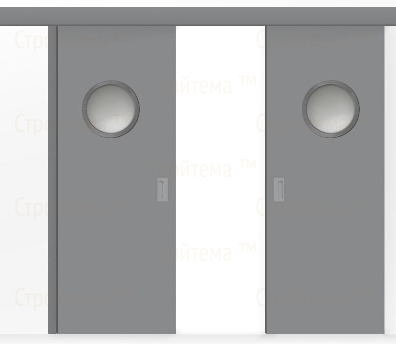 Межкомнатная двустворчатая дверь купе ПВХ с иллюминаторм серая