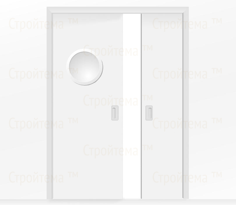 Дверь пенал раздвижная встроенная в стену двухстворчатая белая с иллюминатором
