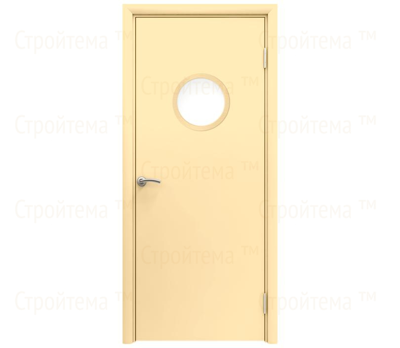 Влагостойкая дверь ПВХ EtaDoor с иллюминатором ванильная одностворчатая с алюминиевой кромкой