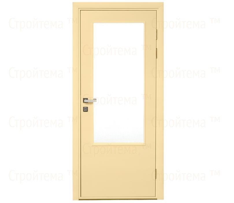 Влагостойкая дверь ПВХ EtaDoor с окном ванильная одностворчатая с алюминиевой кромкой