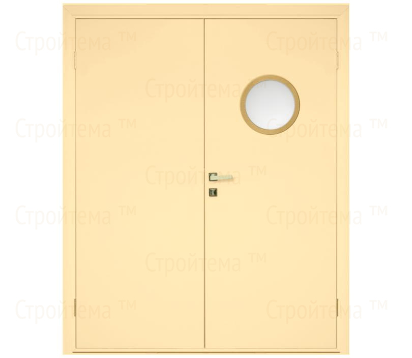 Влагостойкая дверь ПВХ EtaDoor с иллюминатором ванильная двухстворчатая с ПВХ кромкой