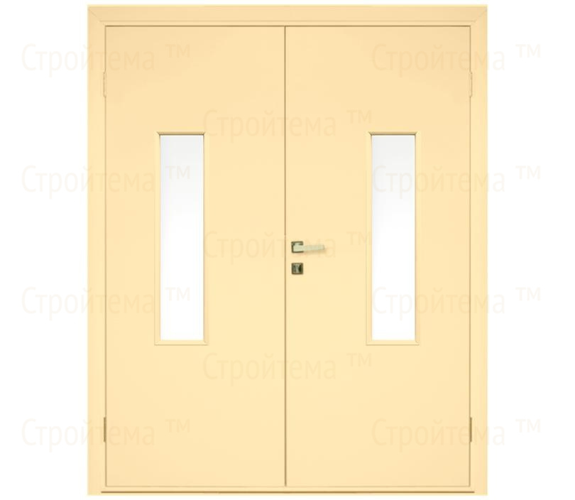 Влагостойкая дверь ПВХ EtaDoor с окном ванильная двухстворчатая с алюминиевой кромкой