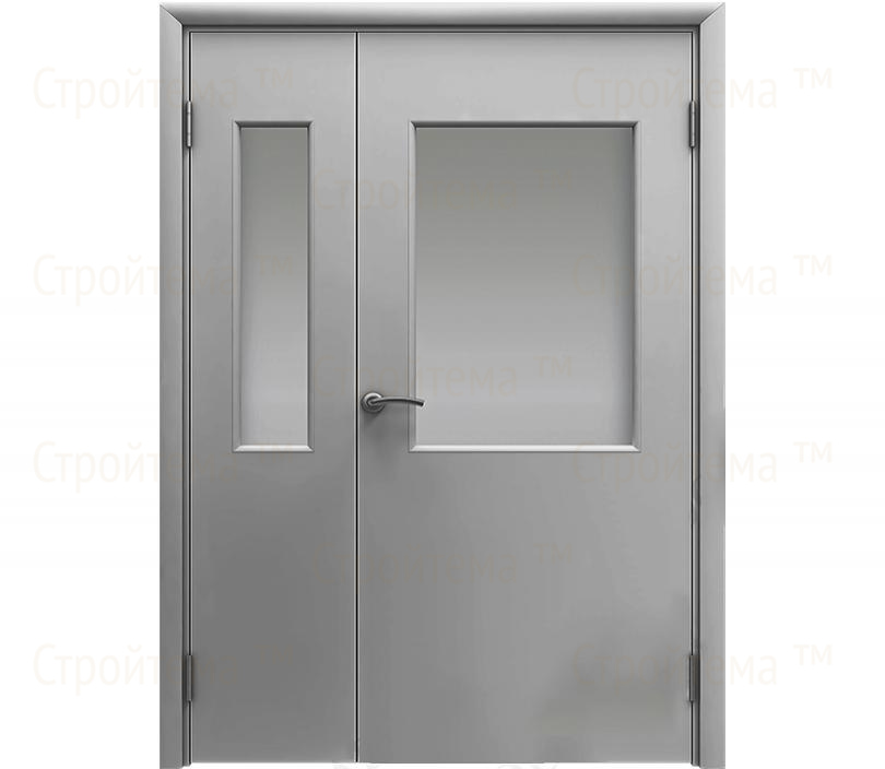 Влагостойкая дверь ПВХ EtaDoor с окном серая полуторастворчатая с алюминиевой кромкой