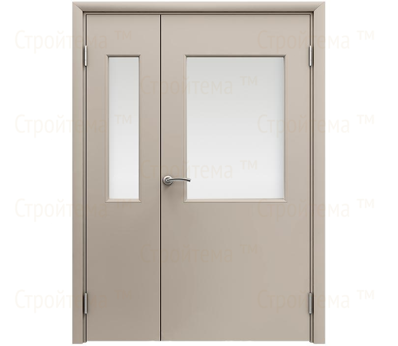 Влагостойкая дверь ПВХ EtaDoor с окном бежевая полуторастворчатая с алюминиевой кромкой