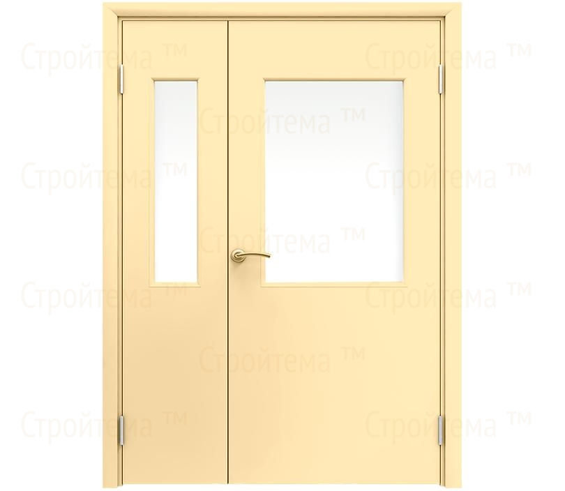 Влагостойкая дверь ПВХ EtaDoor с окном ванильная полуторастворчатая с ПВХ кромкой