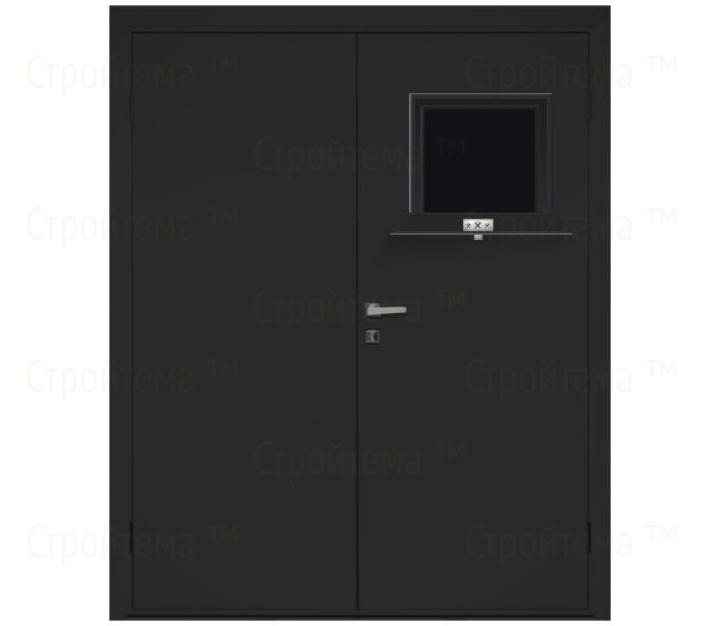 Влагостойкая дверь ПВХ EtaDoor с передаточным окном черная двухстворчатая с алюминиевой кромкой