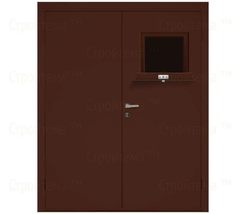 Влагостойкая дверь ПВХ EtaDoor с передаточным окном коричневая двухстворчатая с ПВХ кромкой