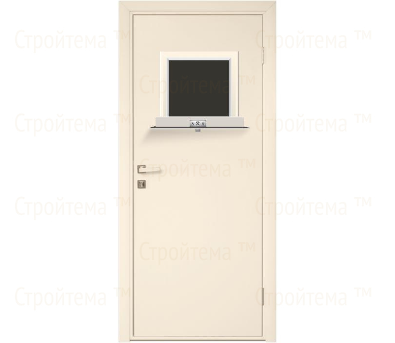 Влагостойкая дверь ПВХ EtaDoor с передаточным окном кремовая одностворчатая с алюминиевой кромкой
