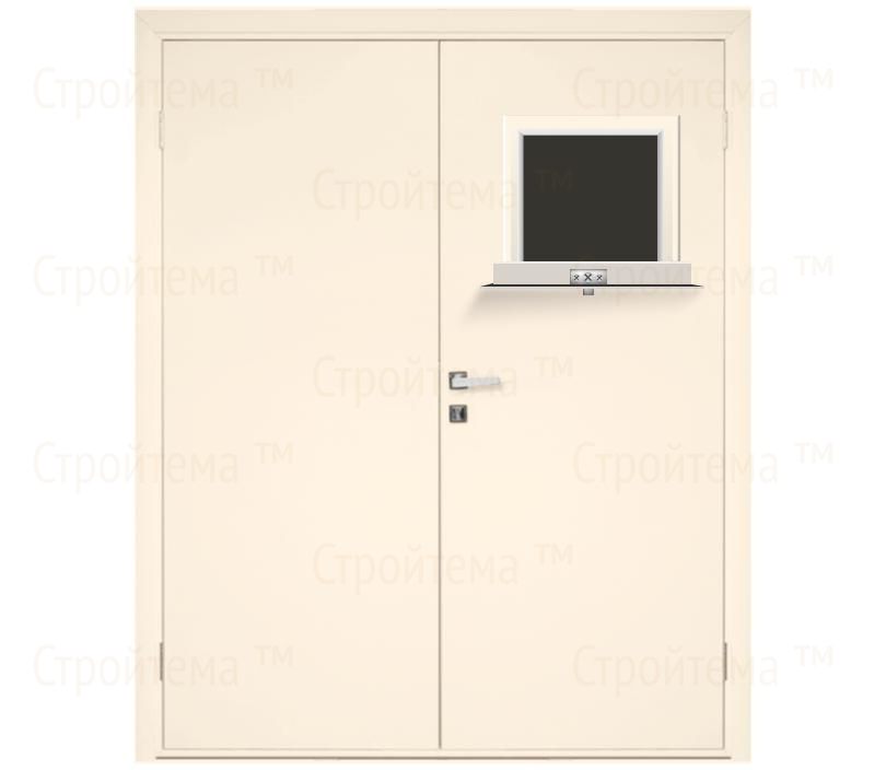 Влагостойкая дверь ПВХ EtaDoor с передаточным окном кремовая двухстворчатая с алюминиевой кромкой
