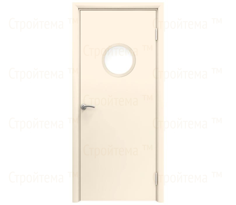 Влагостойкая дверь ПВХ EtaDoor с иллюминатором кремовая одностворчатая с ПВХ кромкой