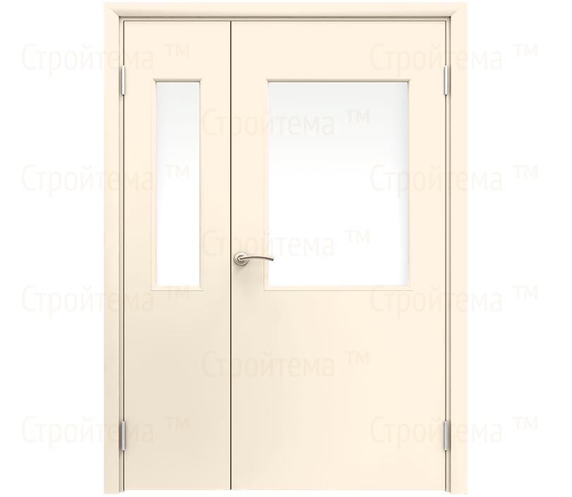 Влагостойкая дверь ПВХ EtaDoor с окном кремовая полуторастворчатая с ПВХ кромкой