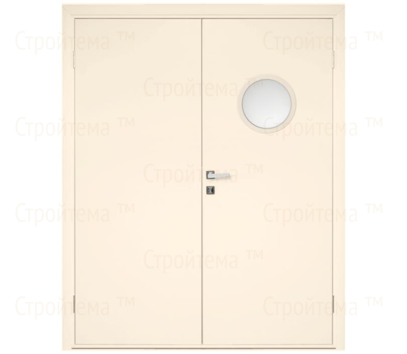 Влагостойкая дверь ПВХ EtaDoor с иллюминатором кремовая двухстворчатая с ПВХ кромкой