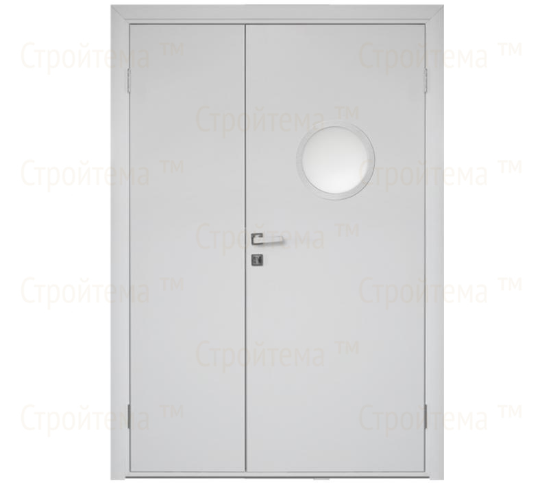 Влагостойкая дверь ПВХ EtaDoor с иллюминатором белая полуторастворчатая с алюминиевой кромкой