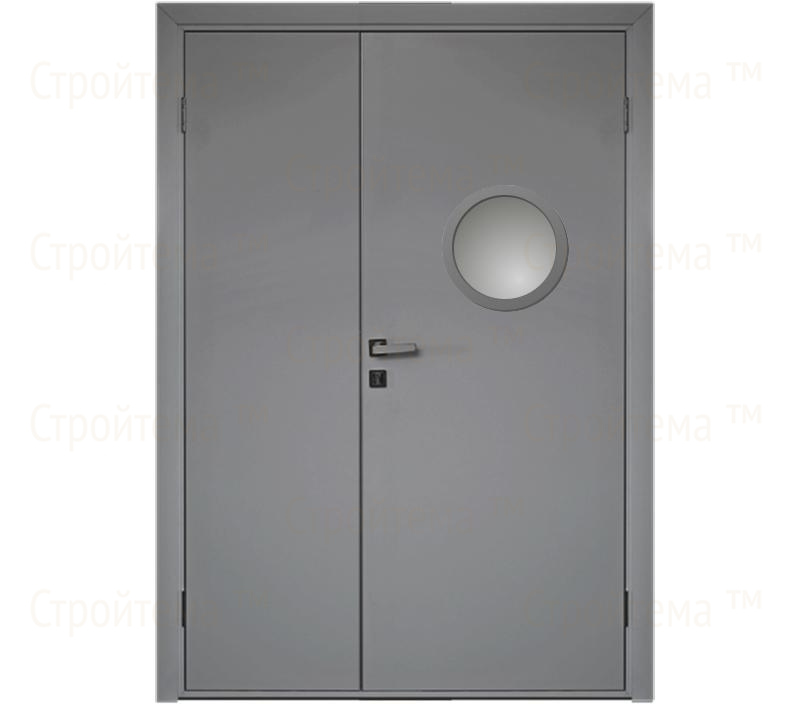 Влагостойкая дверь ПВХ EtaDoor с иллюминатором серая полуторастворчатая с алюминиевой кромкой
