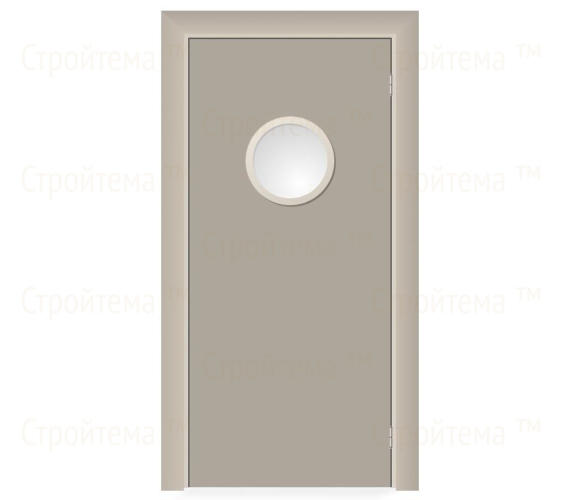 Влагостойкая дверь ПВХ EtaDoor с иллюминатором бежевая маятниковая одностворчатая с ПВХ кромкой