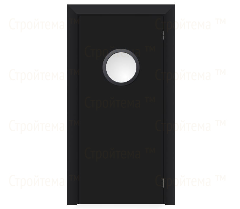 Влагостойкая дверь ПВХ EtaDoor с иллюминатором черная маятниковая одностворчатая с ПВХ кромкой
