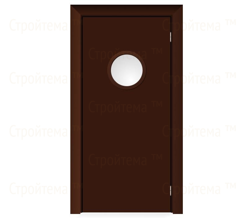 Влагостойкая дверь ПВХ EtaDoor с иллюминатором коричневая маятниковая одностворчатая с ПВХ кромкой