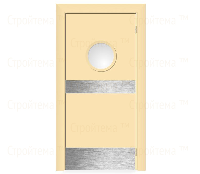 Влагостойкая дверь ПВХ EtaDoor с иллюминатором ванильная маятниковая одностворчатая с отбойной пластиной